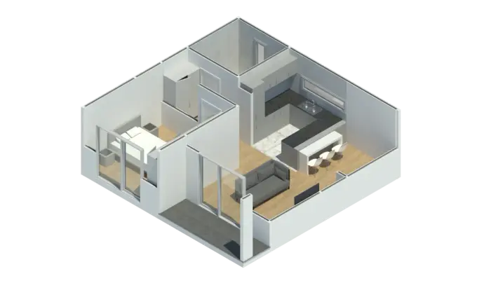 Render 3D do Modelo CT 101, casa modular T1 com 62,94 m²