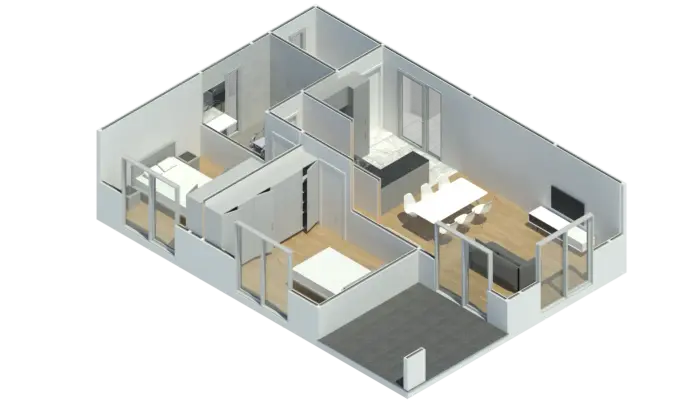 Render 3D do Modelo CT 201, casa modular T2 com 91,69 m²