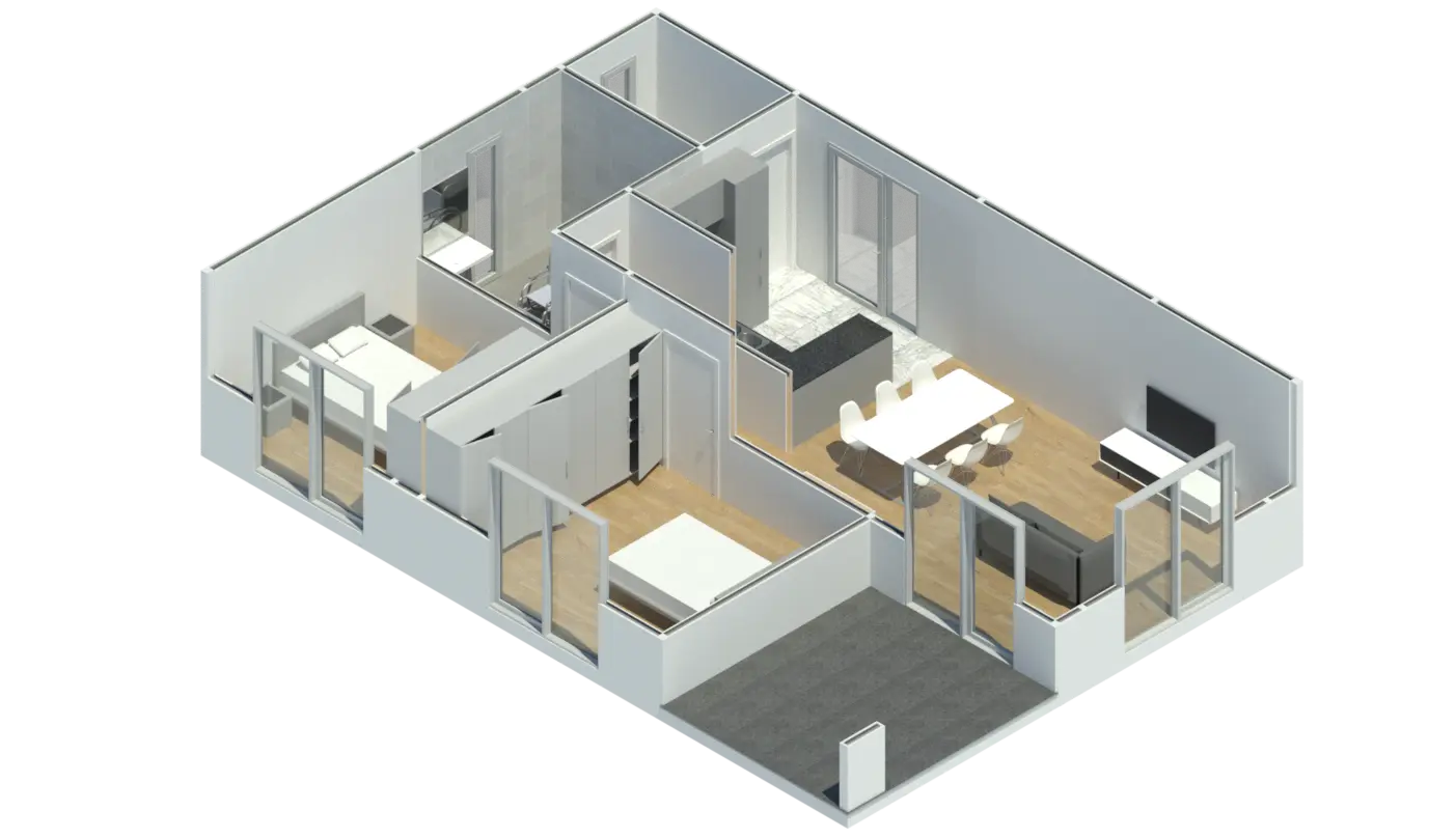 Render 3D em corte do Modelo CT 201, com a disposição das divisões