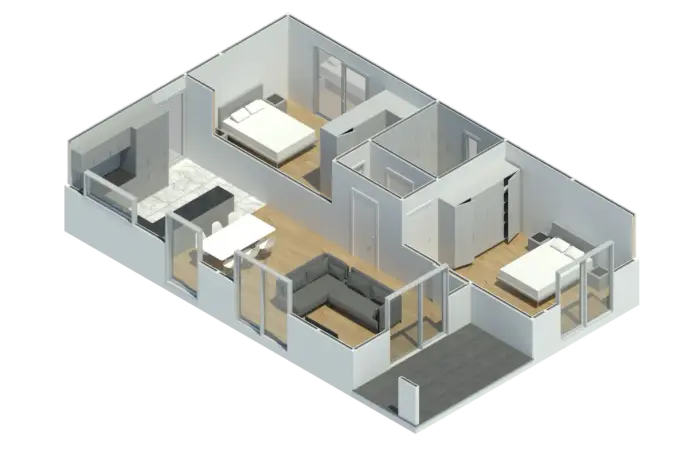 Render 3D do Modelo CT 211, casa modular T2 com 108,34 m²