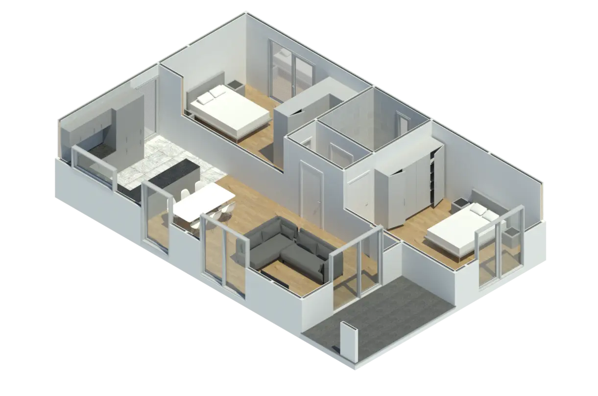 Render 3D em corte do Modelo CT 211, com a disposição das divisões