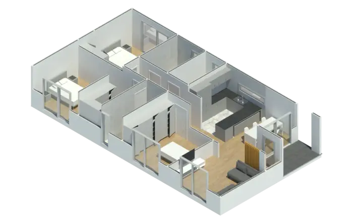Render 3D do Modelo CT 301, casa modular T3 com 136,60 m²