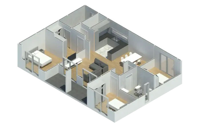 Render 3D do Modelo CT 302, casa modular T3 com 142,56 m²