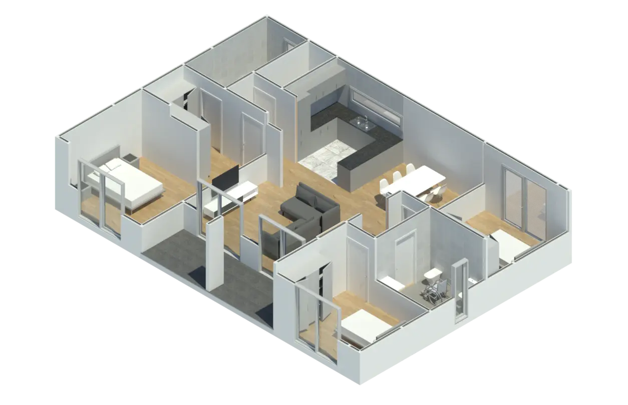 Render 3D em corte do Modelo CT 302, com a disposição das divisões
