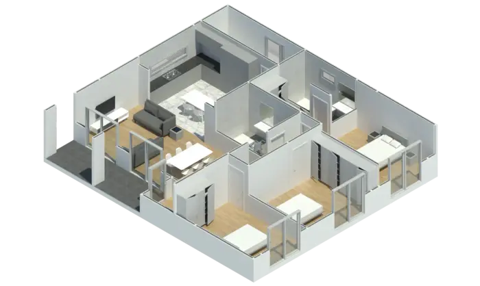 Render 3D do Modelo CT 306, casa modular T3 com 156,66 m²