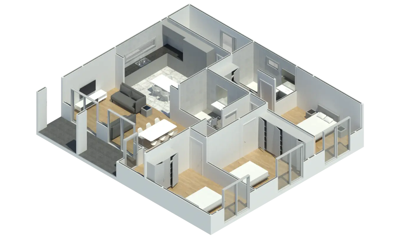 Render 3D em corte do Modelo CT 306, com a disposição das divisões