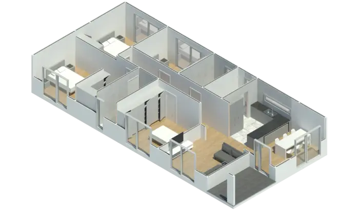 Render 3D do Modelo CT 401, casa modular T4 com 143,22 m²