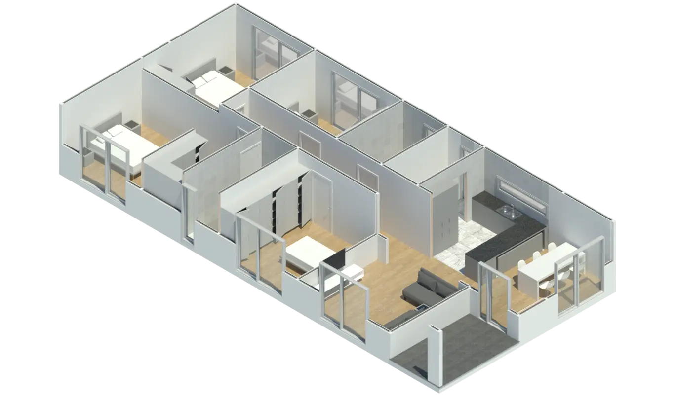 Render 3D em corte do Modelo CT 401, com a disposição das divisões