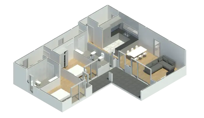 Render 3D do Modelo ET 201, casa modular T2 com 139,15 m²