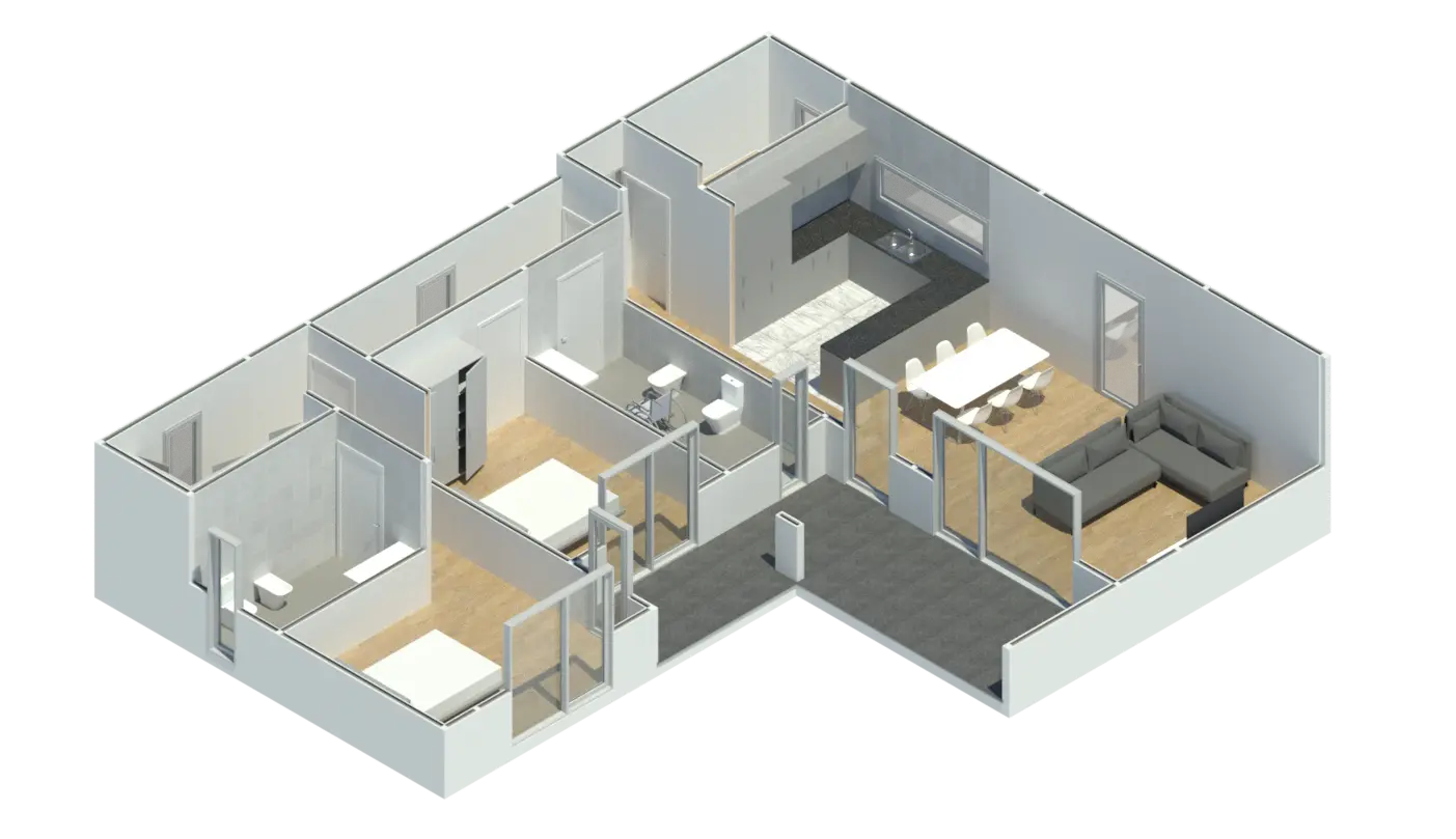 Render 3D em corte do Modelo ET 201, com a disposição das divisões