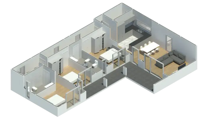 Render 3D do Modelo ET 301, casa modular T3 com 163,26 m²