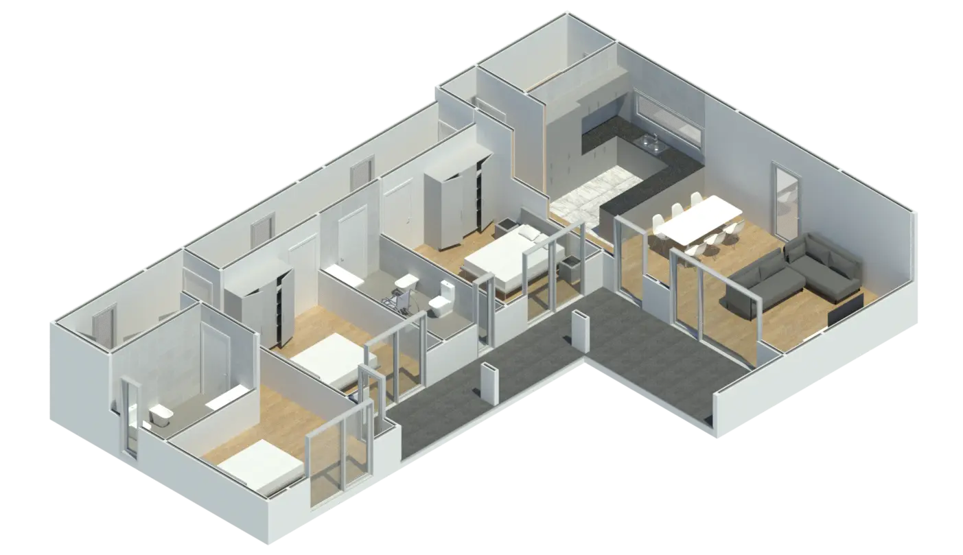 Render 3D em corte do Modelo ET 301, com a disposição das divisões