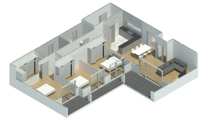 Render 3D do Modelo ET 302, casa modular T3 com 168,26 m²