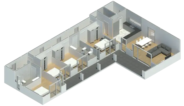 Render 3D do Modelo ET 401, casa modular T4 com 191,84 m²