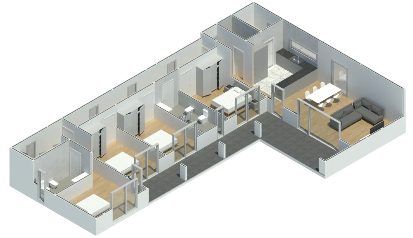 Render 3D em corte do Modelo ET 401, com a disposição das divisões