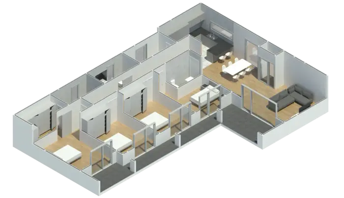 Render 3D do Modelo ET 402, casa modular T4 com 197,25 m²