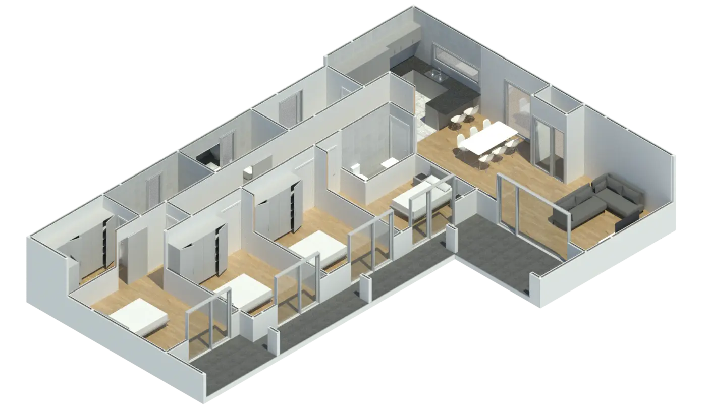 Render 3D em corte do Modelo ET 402, com a disposição das divisões