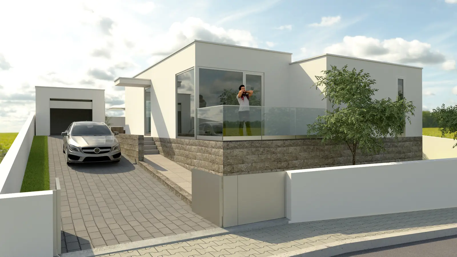 Casa Clickhouse com garagem, muro em pedra e terraço com guarda em vidro