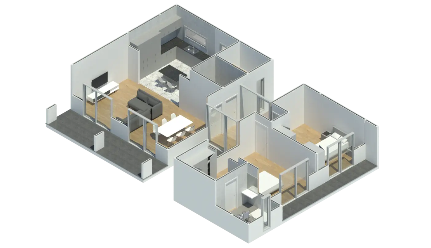 Render 3D em corte do Modelo ST 201, com a disposição das divisões