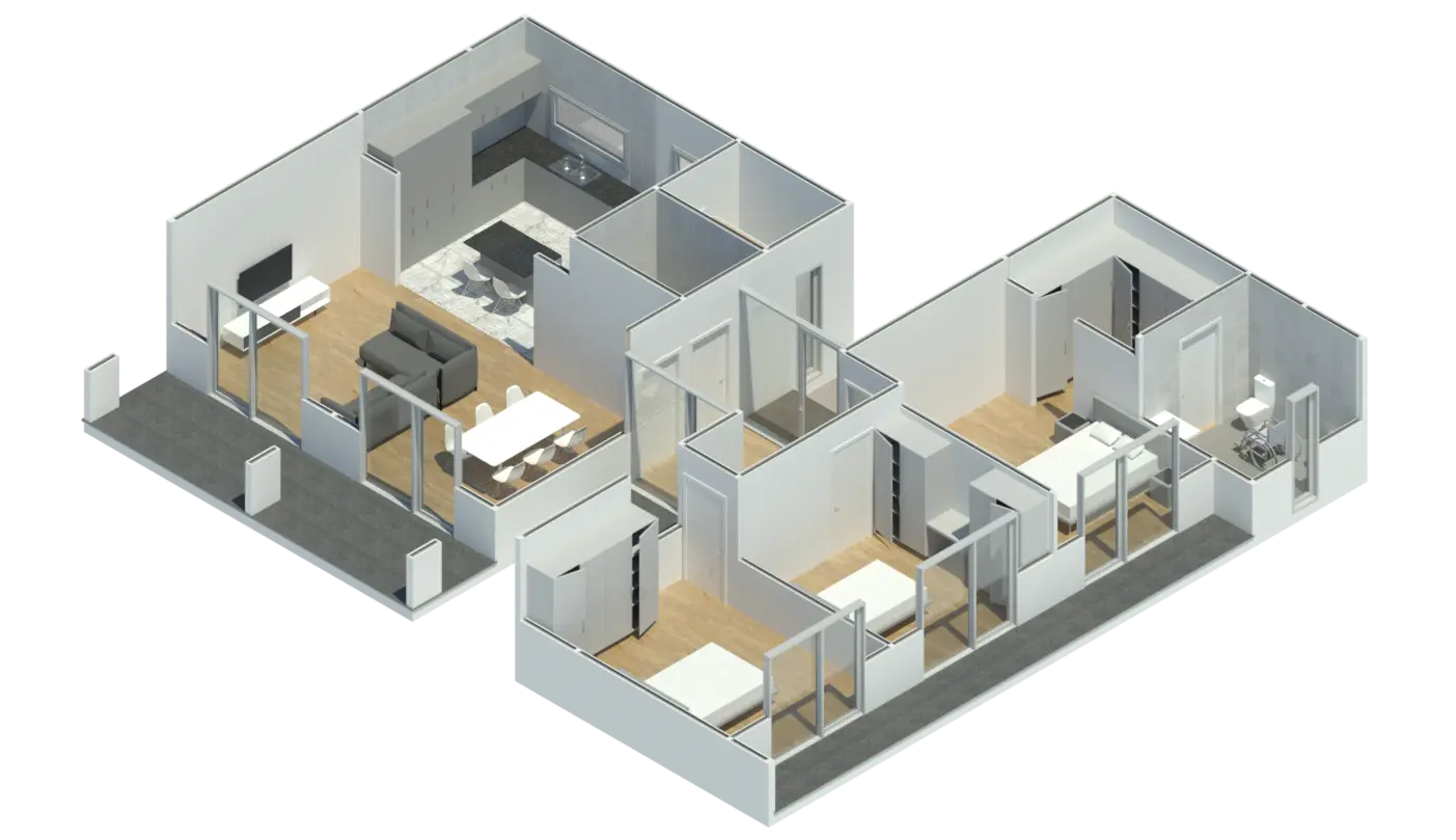 Render 3D em corte do Modelo ST 301, com a disposição das divisões