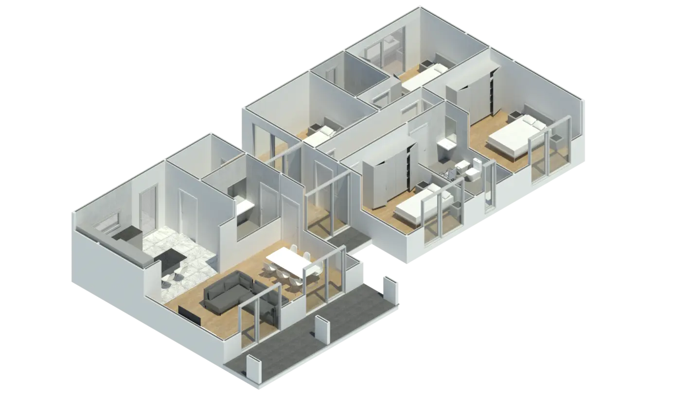 Render 3D em corte do Modelo ST 402, com a disposição das divisões