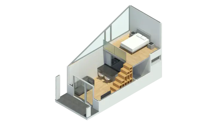 Render 3D do Modelo Tiny House, casa modular T1 com 46,12 m²