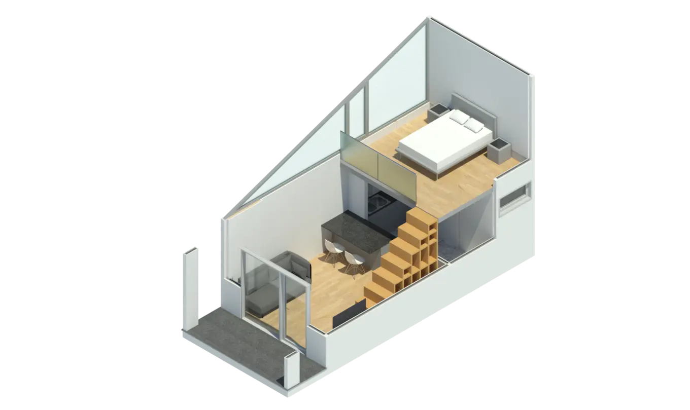Render 3D do Modelo Tiny House, T1 com 46,12 m²