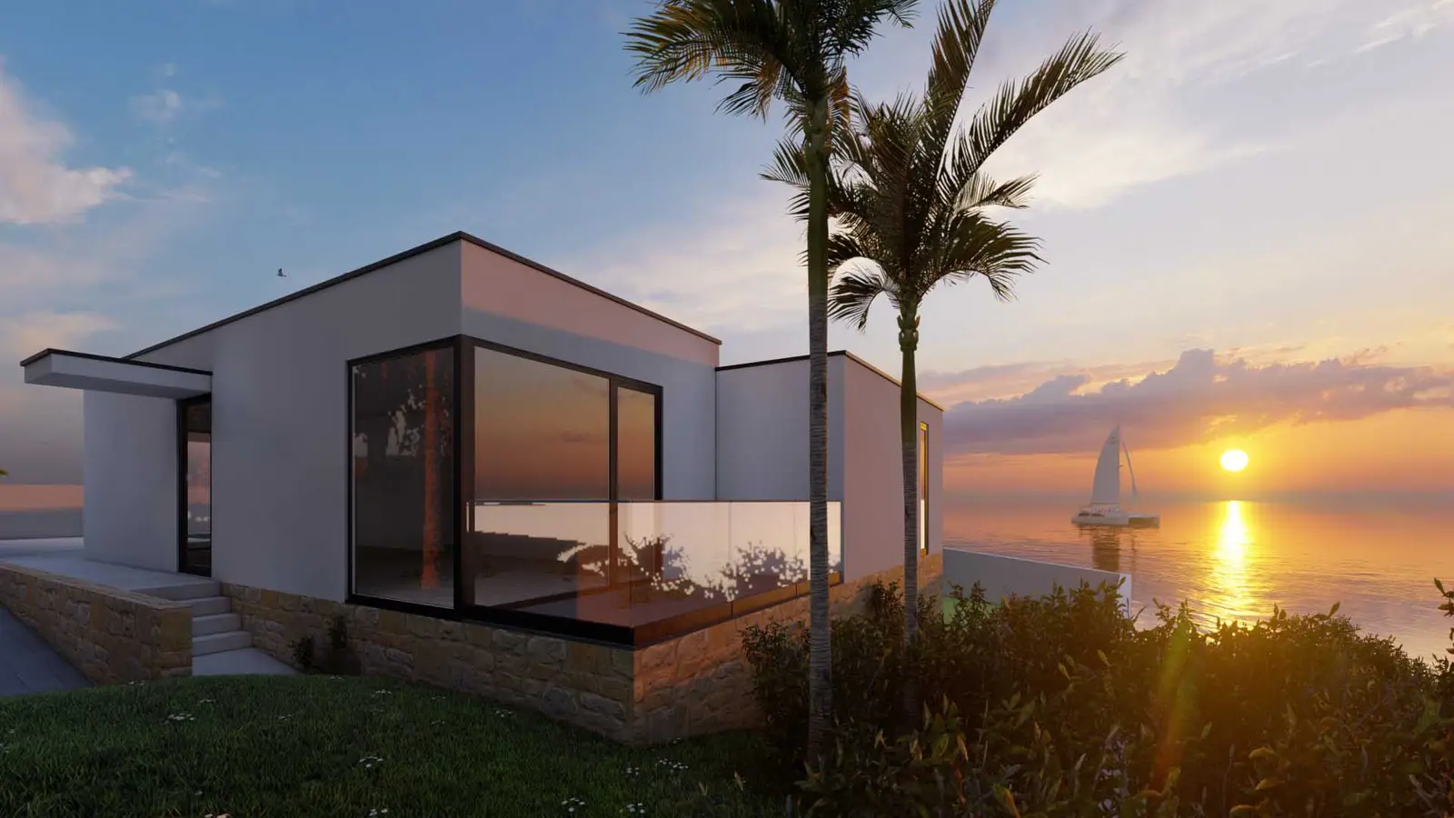 Casa Clickhouse do Conceito Neo, com terraço envidraçado sobre o mar ao pôr do sol