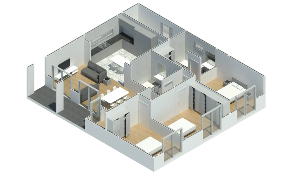 Planta 3D do Conceito Safe com zona de higienização à entrada